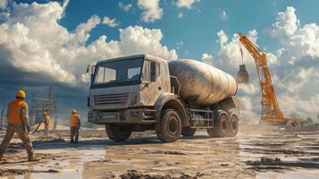 Construction Site with Cement Mixer Truck and Workers photo