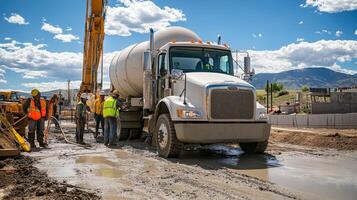 Concrete Mixer Truck at Construction Site with Workers photo