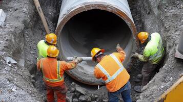 Workers in Hard Hats Repairing a Large Concrete Pipe in a Trench photo