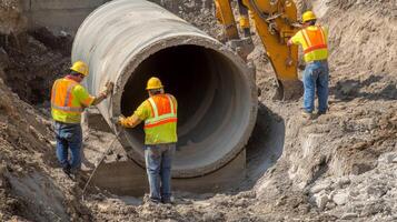 Construction Workers Installing Concrete Pipe in a Trench photo