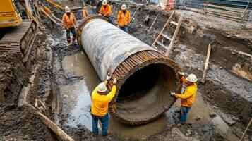 Construction Workers Lowering a Large Pipe into a Trench photo