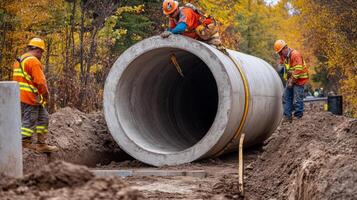 Construction Workers Installing a Large Concrete Pipe photo