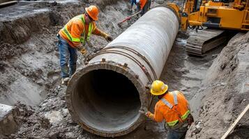 Construction Workers Installing a Large Concrete Pipe photo
