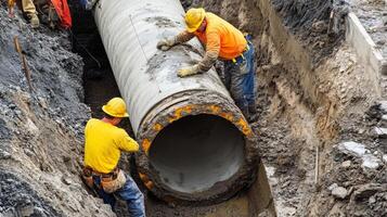 Construction Workers Installing a Large Concrete Pipe photo