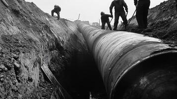 Workers Installing a Large Pipe in a Trench photo