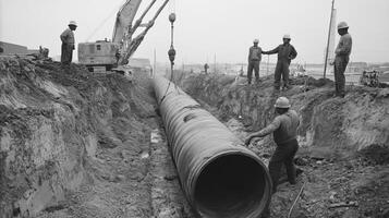 Construction Workers Installing a Large Pipe in a Trench photo