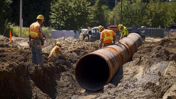 Construction Workers Installing a Large Pipe in a Trench photo