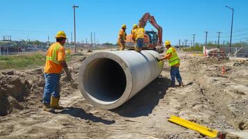 Construction Workers Moving a Large Concrete Pipe with Excavator photo