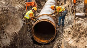 Two Construction Workers Installing a Large Pipe in a Trench photo