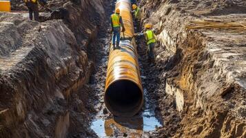 Construction Workers Installing Large Pipe in Trench photo
