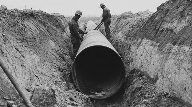 Two Workers Installing a Large Pipe in a Trench photo