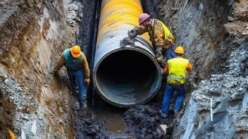 Construction Workers Installing a Large Concrete Pipe in a Trench photo