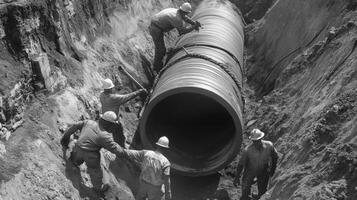 Construction Workers Laying a Large Concrete Pipe in a Trench photo