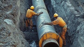 Two Construction Workers Working on a Large Pipe in a Trench photo