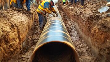 Construction Worker Installing Large Pipe in Trench photo