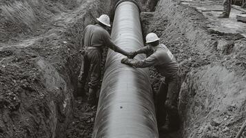 Two Construction Workers Working on a Large Pipe in a Trench photo