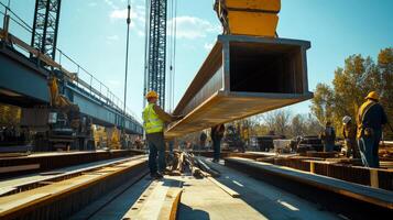 Construction Workers Guiding a Large Steel Beam into Place on a Bridge photo