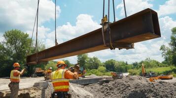 Construction Workers Guiding a Large Steel Beam During a Construction Project photo