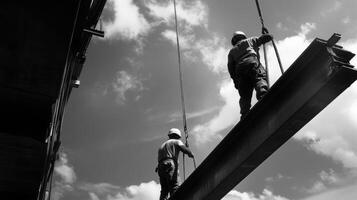 Construction Workers Securing a Steel Beam with Ropes photo
