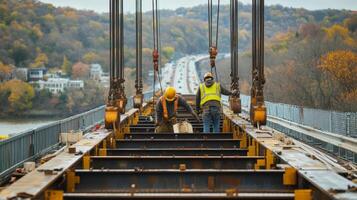 Construction Workers on a Bridge with Cranes and Steel Beams photo