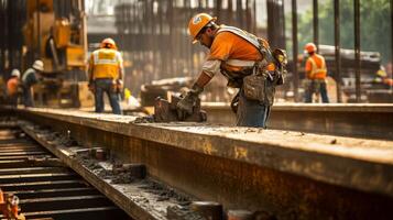 Construction Worker Installing Railroad Tracks photo