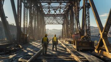 Two Workers Walking on Railroad Tracks Under a Rusty Bridge photo