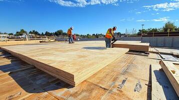 Construction Workers Installing Plywood Sheeting on a Roof photo