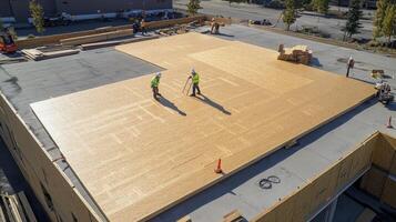 Workers Installing Plywood Sheeting on a Flat Roof photo