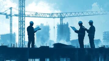 Construction Workers Reviewing Plans in Front of a Skyscraper Under Construction photo
