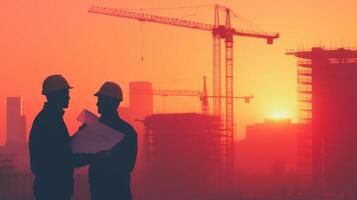 Two Silhouetted Construction Workers Reviewing Plans at Sunset photo