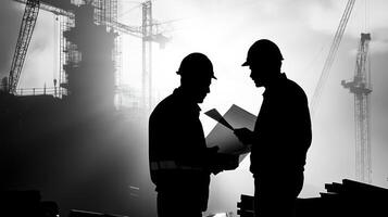 Silhouettes of Construction Workers Reviewing Plans Against a Blurred Background of a Construction Site photo
