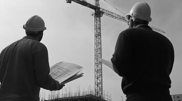 Two Construction Workers Reviewing Plans in Front of Crane photo