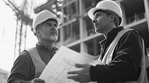 Two construction workers in hard hats discuss blueprints on a construction site photo