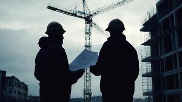Two Construction Workers Reviewing Blueprints Against Cloudy Sky photo