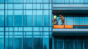 Two Construction Workers on a Lift Platform Cleaning Windows of a Modern Office Building photo