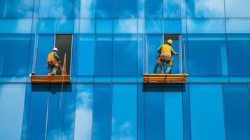 Two Construction Workers on Suspended Platforms Cleaning Windows of a Modern Glass Building photo