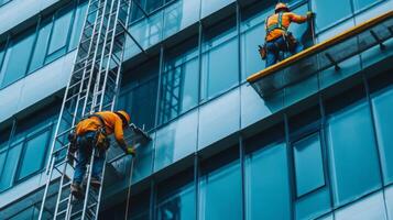 Two Construction Workers Cleaning Windows on a Tall Building photo