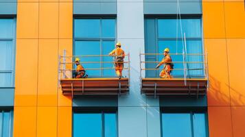 Construction Workers on Scaffolding Cleaning Windows of a Modern Building photo