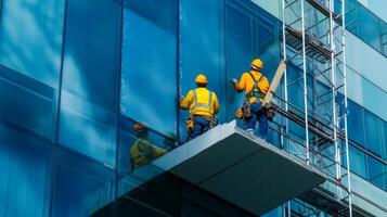Two Construction Workers Installing Glass Panels on a Modern Building photo