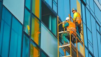 Construction Workers on Scaffolding Installing Windows on Modern Building photo