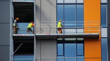 Construction Workers on Scaffolding Outside Modern Building photo