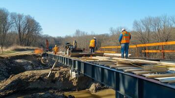 Construction Workers Building a Bridge Over a Creek photo