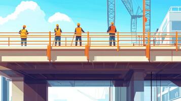 Four Construction Workers Standing on a Bridge Overlooking a Construction Site photo