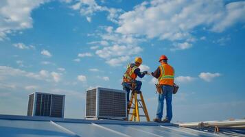 Two Construction Workers on a Roof with HVAC Units photo