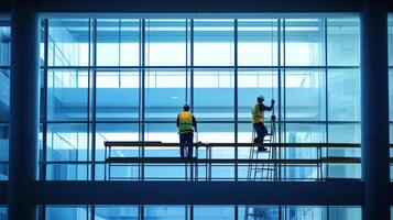 Two Construction Workers on a Scaffolding Platform Inside a Modern Building photo