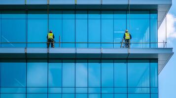 Two Construction Workers on a Scaffolding Platform Outside a Modern Glass Building photo