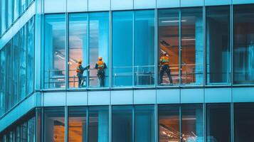 Construction Workers Installing Windows on a Modern Office Building photo
