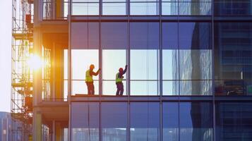 Two Construction Workers on a High Rise Building with a View of the City photo