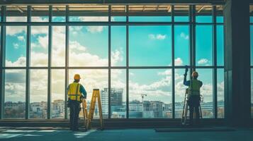 Two Construction Workers Standing in an Unfinished Building with a City View photo