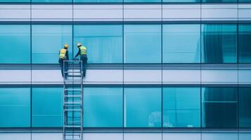 Two Construction Workers on a Ladder Cleaning Windows of a Modern Building photo